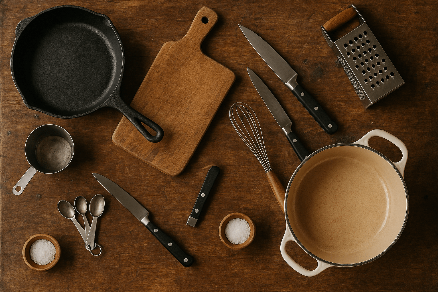 Rustic kitchen scene with essential cooking tools arranged on a wooden surface, including a cast iron skillet, wooden cutting board, Dutch oven, chef’s knife, and stainless steel utensils.