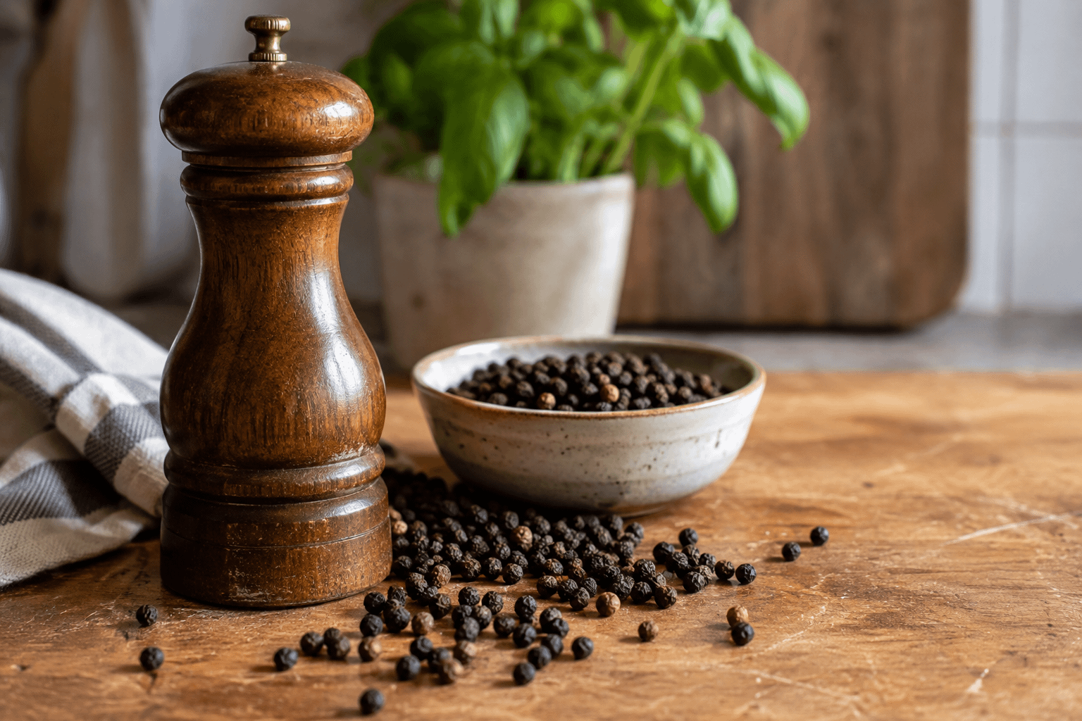 Rustic Pepper Mill and Herb Kitchen Still Life