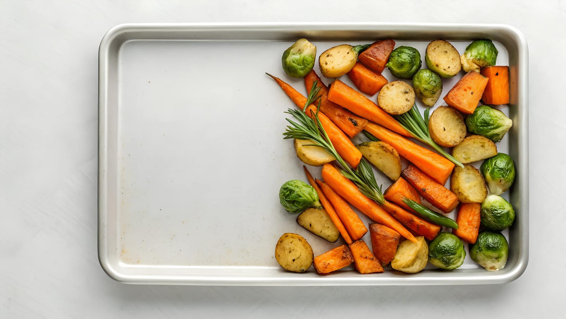 Sheet Pan Roasted Vegetables Carrots Potatoes Brussels Sprouts Rosemary On White Background Overhead View