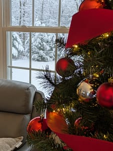 Close-up of a decorated Christmas tree with red ornaments and ribbon next to a snowy window view, creating a cozy holiday scene inside the Perugini home