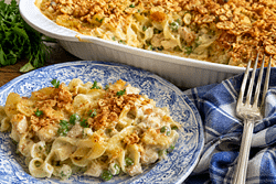 seafood casserole on a rustic table
