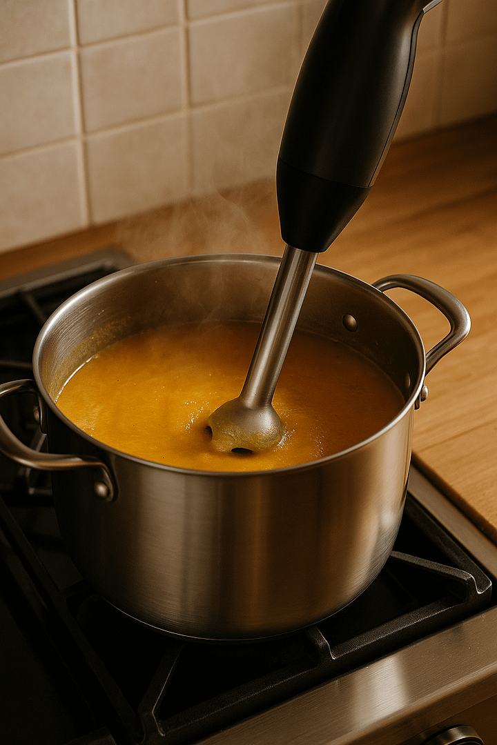 Immersion blender blending soup directly in a stainless steel pot on the stove – ideal for mess-free pureeing