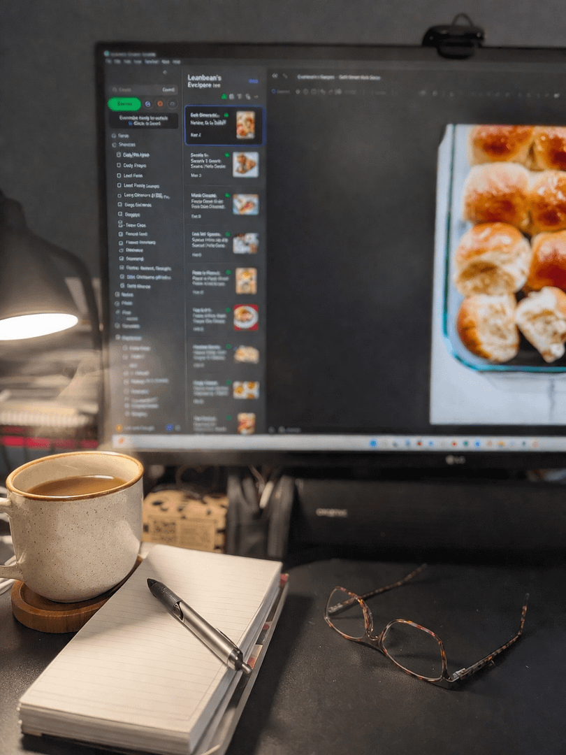 Weekly meal planning setup with Evernote open on a computer, notepad, pen, and glasses on a desk