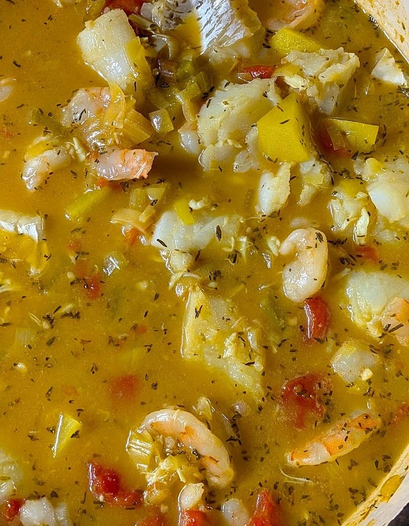 Hearty fish chowder with cod, shrimp, and crabmeat served with crusty French bread