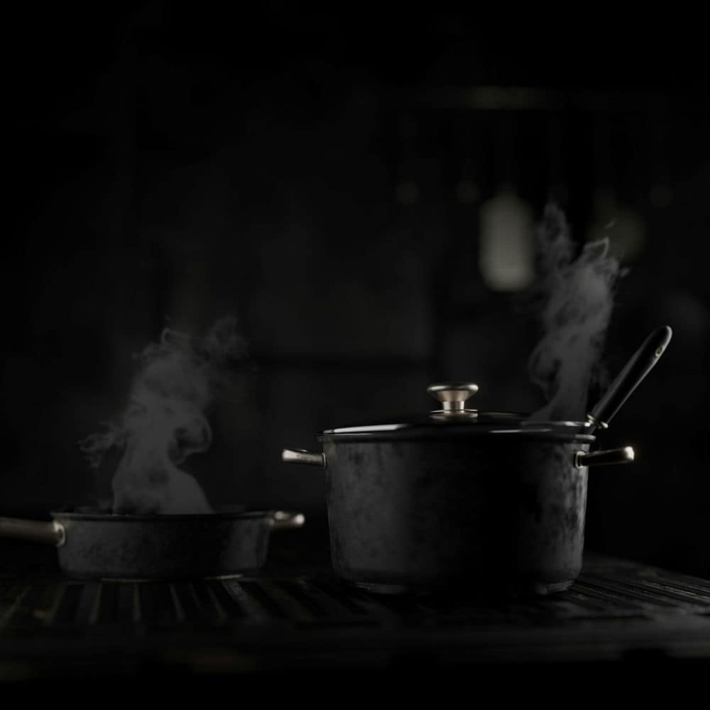 black pots on the stove