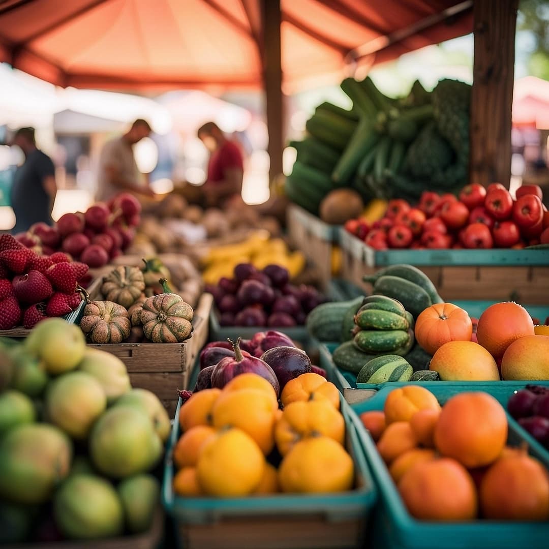 A rustic bowl of heirloom tomato salad with fresh basil leaves, corn kernels, and olive oil, surrounded by cherry tomatoes, a husked ear of corn, and a linen cloth on a wooden farm table—capturing the freshness of a Connecticut farmers’ market.