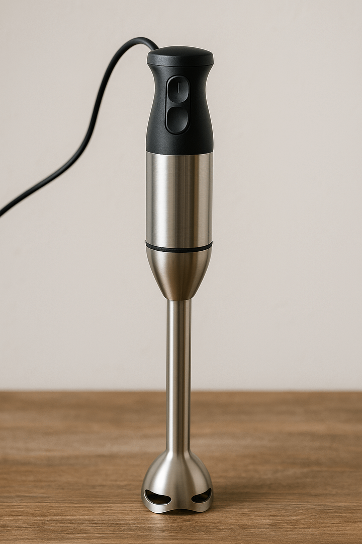 Stainless steel immersion blender with ergonomic black handle resting upright on a wooden kitchen counter—an essential tool for home cooking and blending soups.
