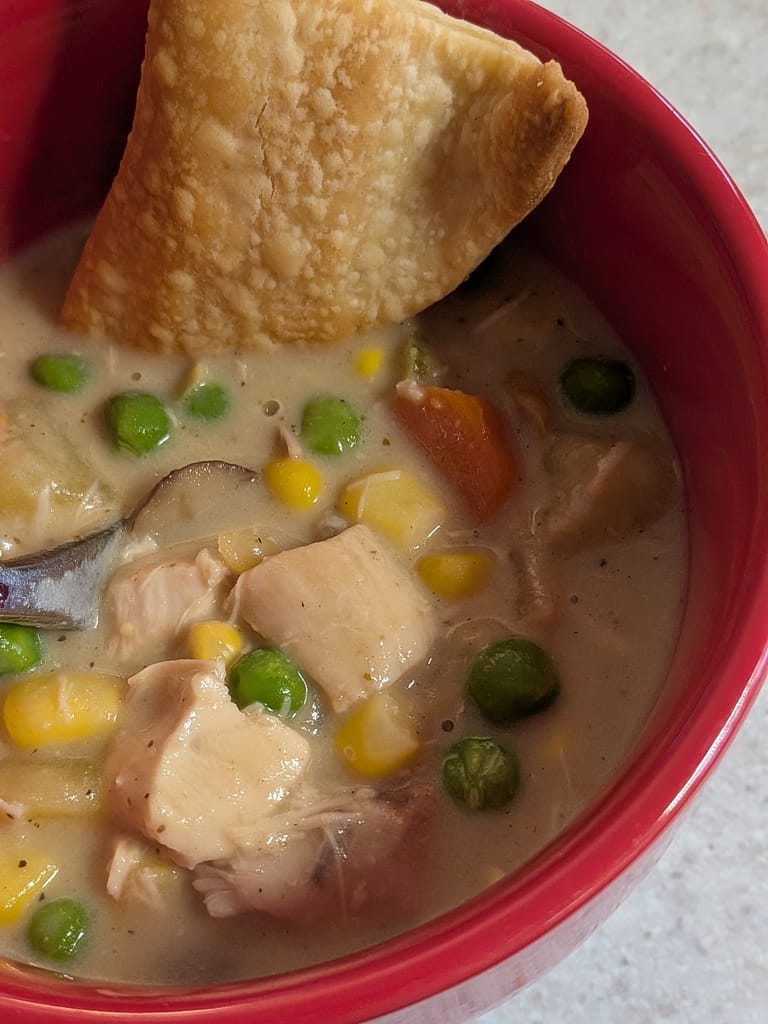 chicken pot pie soup with pie crust wedges